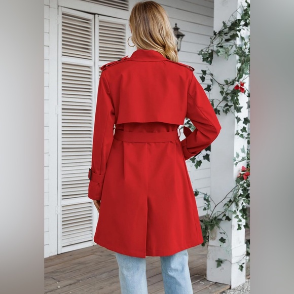 Trench Coat Size Large Women Long Red Jacket Belted New - Picture 3 of 4